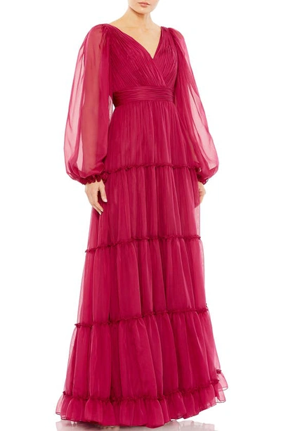 Mac Duggal Tiered Ruffle Long Sleeve Organza Gown In Berry