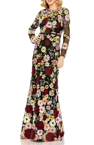 Mac Duggal Floral Trumpet Gown In Black Multi