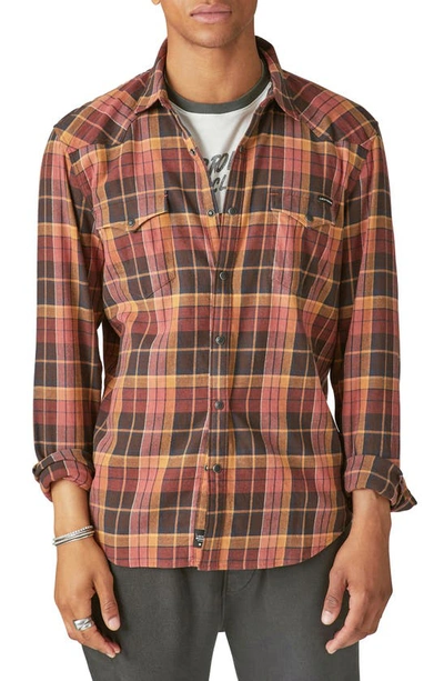 Lucky Brand Plaid Cotton Stretch Flannel Snap-up Western Shirt In Brown/ Red