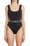 Versace Black One-piece Swimsuit With Greca And Medusa Band In Black