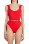 Versace Greca Waistband One-piece Swimsuit In Red