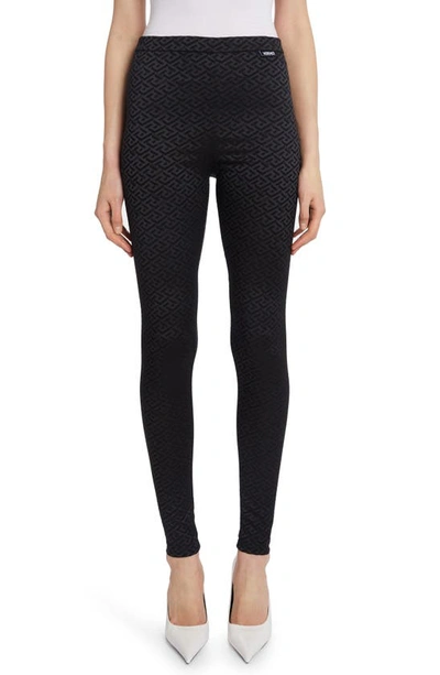 Versace La Greca Monogram Print Leggings In Black