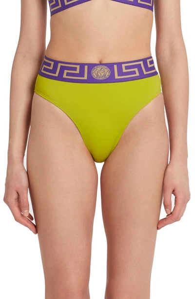 Versace Greca Border Bikini Bottoms In Pale Avocado/purple