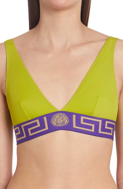 Versace Greca Border Triangle Bikini Top In Pale Avocado/purple