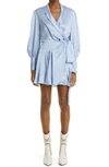 Zimmermann Long Sleeve Silk Charmeuse Wrap Dress In Pale Blue