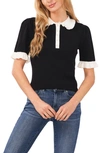 Cece Contrast Trim Short Sleeve Polo Sweater In Rich Black