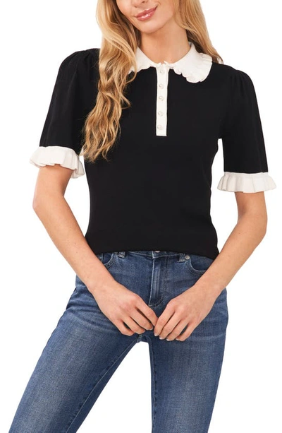 Cece Contrast Trim Short Sleeve Polo Sweater In Rich Black