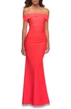 La Femme Off The Shoulder Neon Gown In Hot Coral