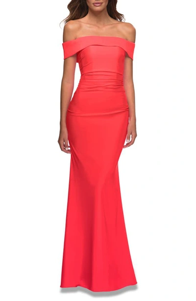 La Femme Off The Shoulder Neon Gown In Hot Coral
