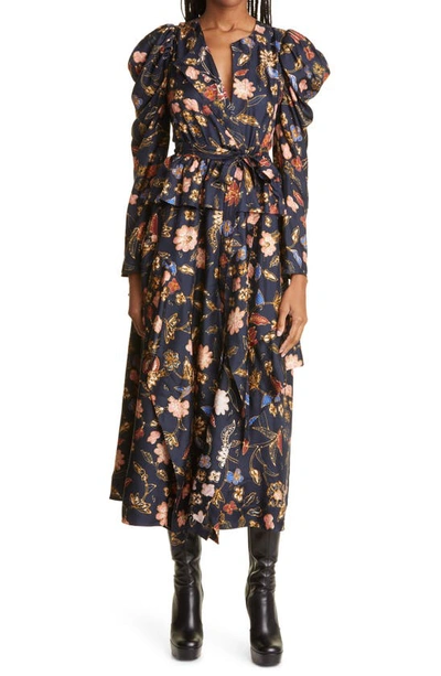 Ulla Johnson Virginia Floral Print Long Sleeve Silk Midi Dress In Odessa |  ModeSens