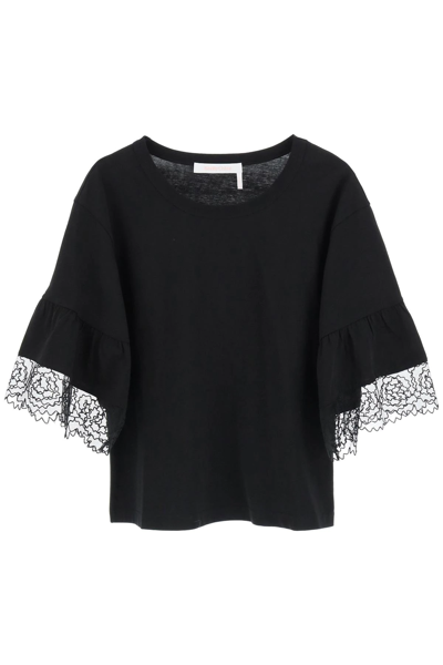 See By Chloé See By Chloe T-shirt With Lace Sleeves In Black