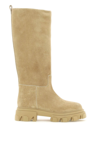 Gia Borghini Tubular Combat Boots In Suede Leather In Beige