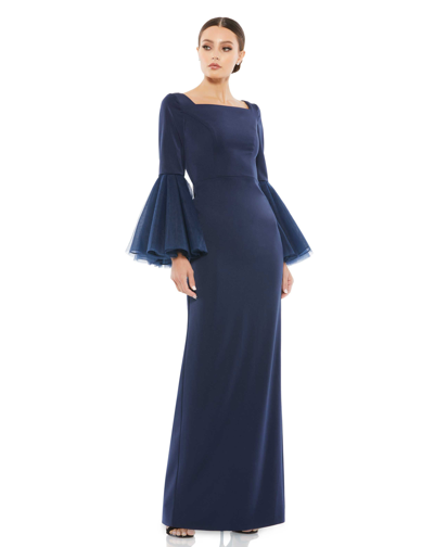 Mac Duggal Flounced Sleeve Square Neck Column Gown In Navy