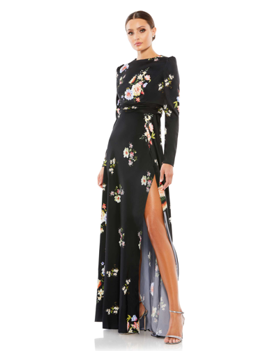 Mac Duggal High Neck Long Sleeve Faux Wrap Gown In Black