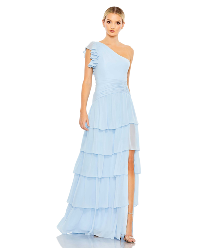 Mac Duggal Ruffle Tiered One Flutter Sleeve Gown In Blue