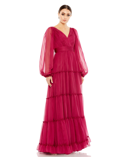 Mac Duggal Tiered Ruffle Long Sleeve Organza Gown In Berry