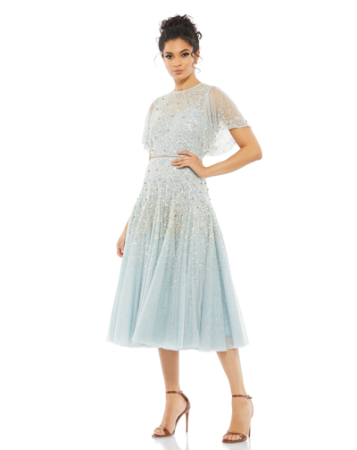 Mac Duggal Embellished Illusion Flounce Sleeve Tea Length Dress In Powder Blue