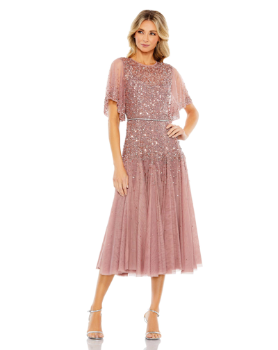 Mac Duggal Embellished Illusion Flounce Sleeve Tea Length Dress In Rosewood