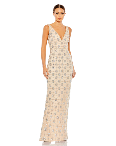 MAC DUGGAL BEIGE SLEEVELESS HAND BEADED V-NECK GOWN