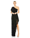 Mac Duggal One Shoulder Beaded Embellished Gown With Asymmetrical Hem In Black