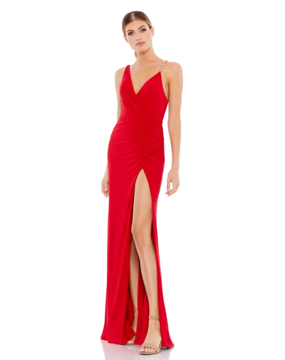 Ieena For Mac Duggal Asymmetrical Pearl Strap V-neck Gown In Red