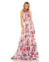 MAC DUGGAL ASYMMETRICAL RUFFLED HALTER FLORAL GOWN