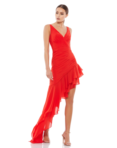 Ieena For Mac Duggal Asymmetrical Ruffled V-neck Chiffon Dress In Red