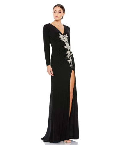 Mac Duggal Beaded Asymmetrical Front V Neck Illusion Long Sleeve Gown In Black