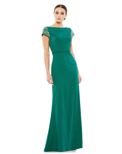 Mac Duggal Beaded Cap Sleeve Beteau Column Dress In Emerald Green