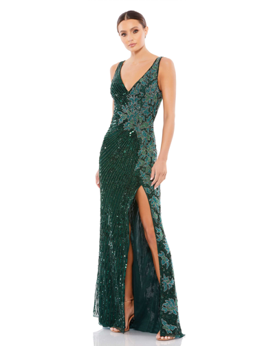 Mac Duggal Beaded Floral Sleeveless Gown In Deep Green