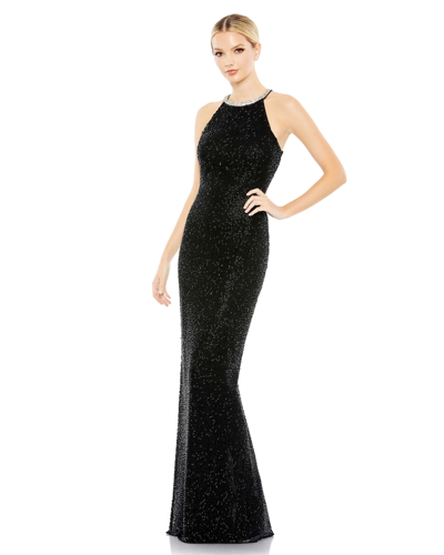 Mac Duggal Beaded Sleeveless High Neck Column Gown In Black