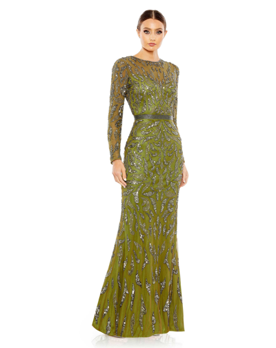 Mac Duggal Beaded Long Sleeve Evening Gown In Olive