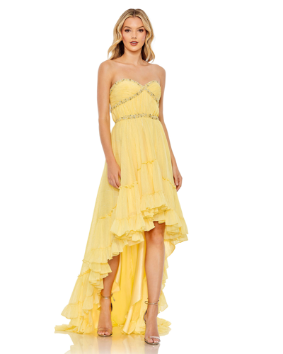 Mac Duggal Beaded Strapped Ruffle High Low Gown In Yellow