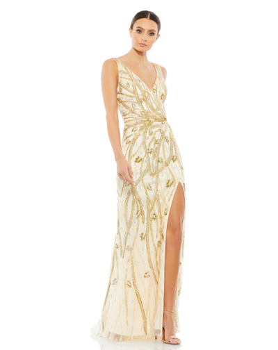 Mac Duggal Beaded Sleeveless V Neck Gown In Nude