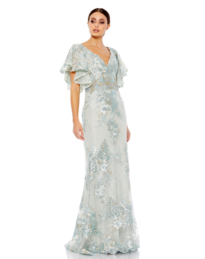 Mac Duggal Flutter Sleeve Embellished Lace Trumpet Gown In Seafoam