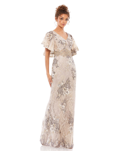Mac Duggal Bell Sleeve Floral Embellished Gown In Taupe