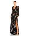 Mac Duggal Floral Long Sleeve Empire Waist Chiffon Maxi Dress In Black Multi