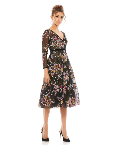 MAC DUGGAL BLACK FLORAL EMBROIDERED TEA LENGTH DRESS