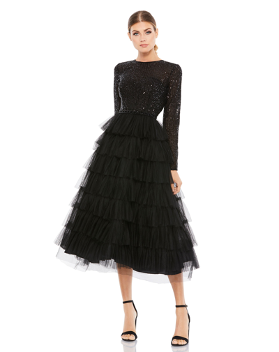 Ieena For Mac Duggal Black Sequined Layered Tulle A-line Cocktail Dress