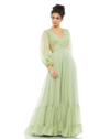 Mac Duggal Pleated Cut Out Long Sleeve Lace Up Tiered Gown In Sage