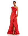 MAC DUGGAL BOW ONE SHOULDER RUFFLE ASYMMETRICAL HEM GOWN