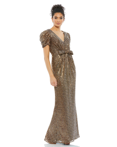 Ieena For Mac Duggal Metallic Puff Sleeve Front Bow Trumpet Gown In Bronze