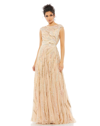 Mac Duggal Cap Sleeve Embellished Evening Gown In Beige / Multi