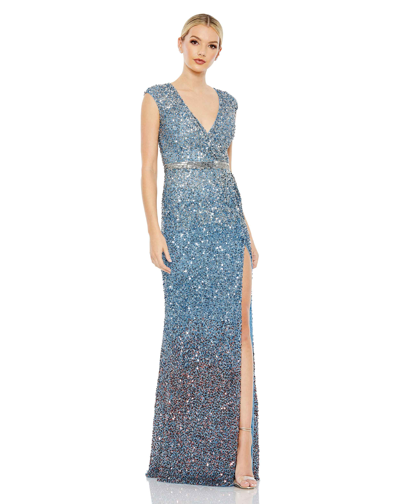 Mac Duggal Cap Sleeve Sequined High Slit Gown In Blue Ombre