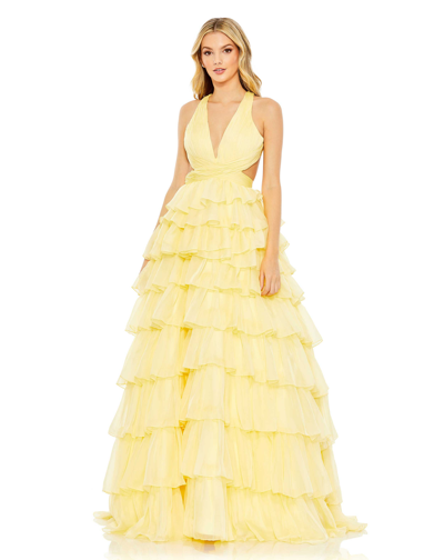 Mac Duggal Chiffon Layered Cut Out Ballgown In Lemon