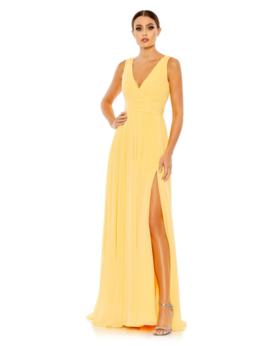 Ieena For Mac Duggal Chiffon Sleeveless Wrap Over A Line Gown In Buttercup