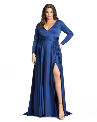 MAC DUGGAL NAVY SATIN LONG SLEEVE EVENING GOWN (PLUS)