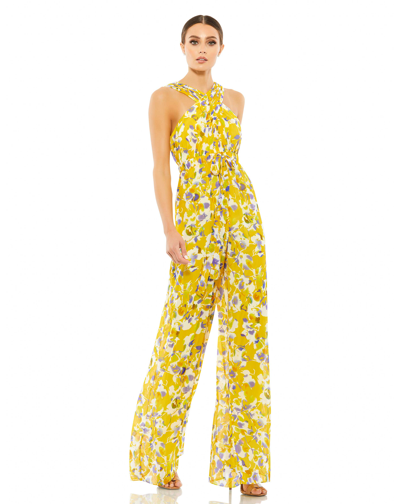 Ieena For Mac Duggal Crossed Halter Tie Waist Jumpsuit Dress In Yellow/multi