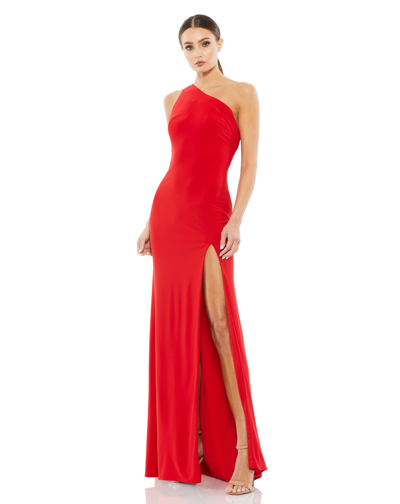 Ieena For Mac Duggal Jersey One Shoulder Draped Back Gown In Red