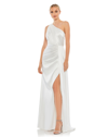 Ieena For Mac Duggal Gathered One Shoulder Satin Faux Wrap Gown In White